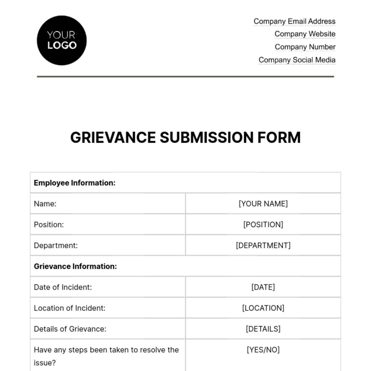 Free Grievance Submission Form HR Template