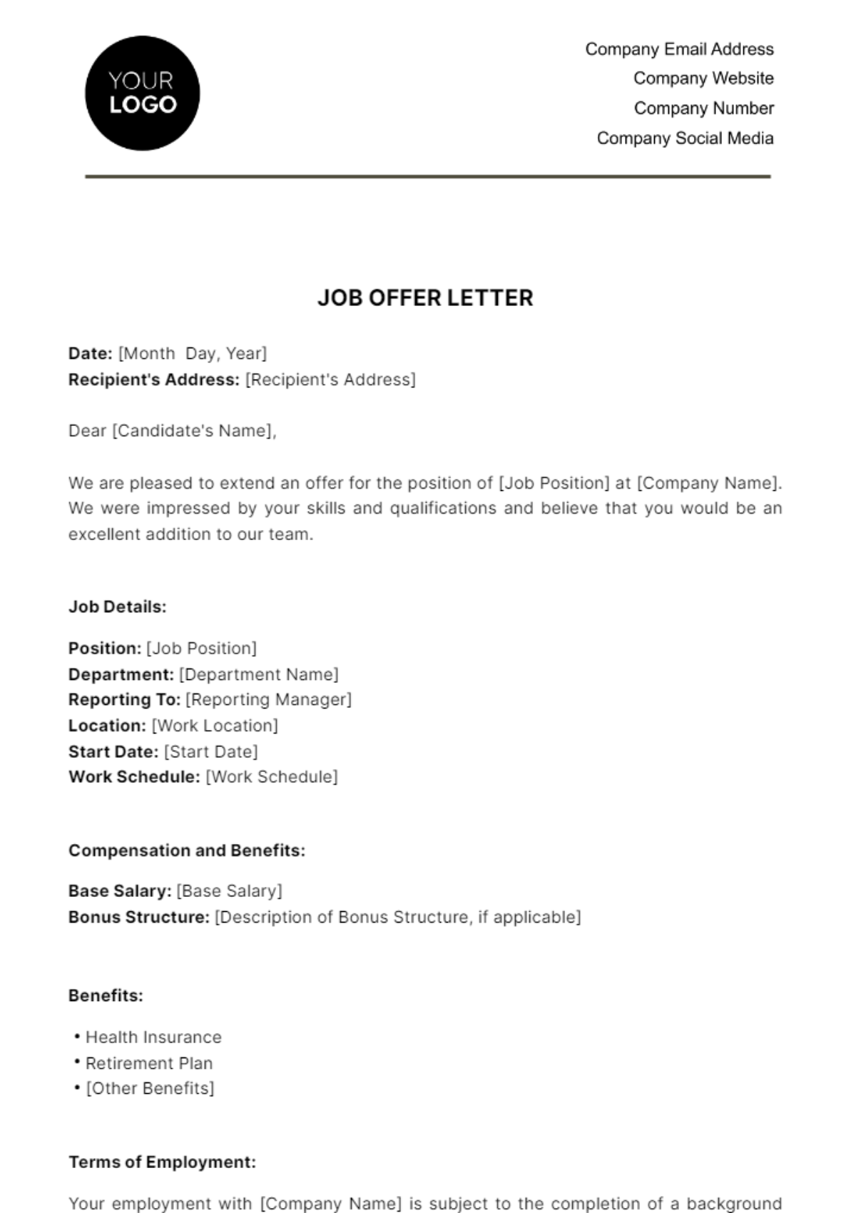 Free Job Offer Letter HR Template