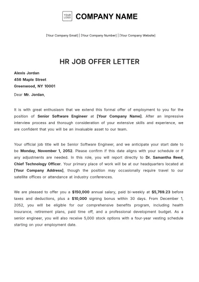 Free HR Job Offer Letter Template to Edit Online