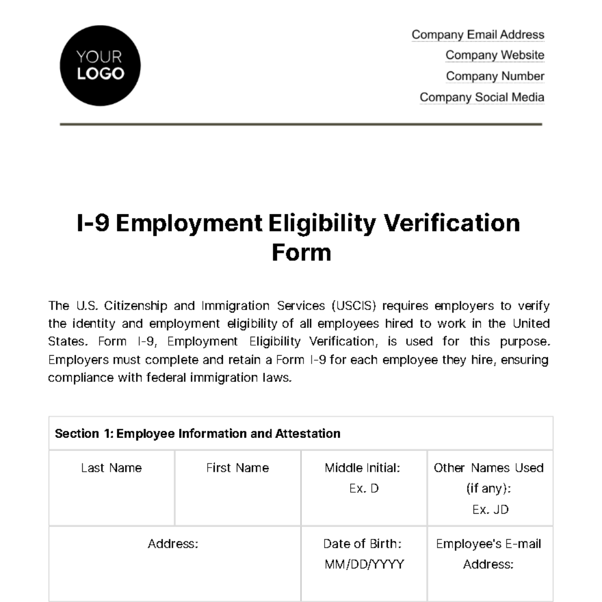I-9 Employment Eligibility Verification HR Template