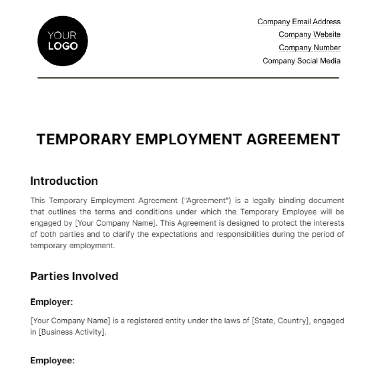 Free Temporary Employment Agreement HR Template