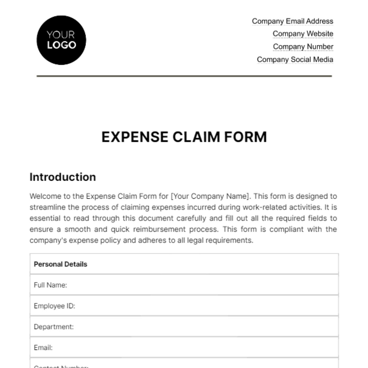 Expense Claim Form HR Template