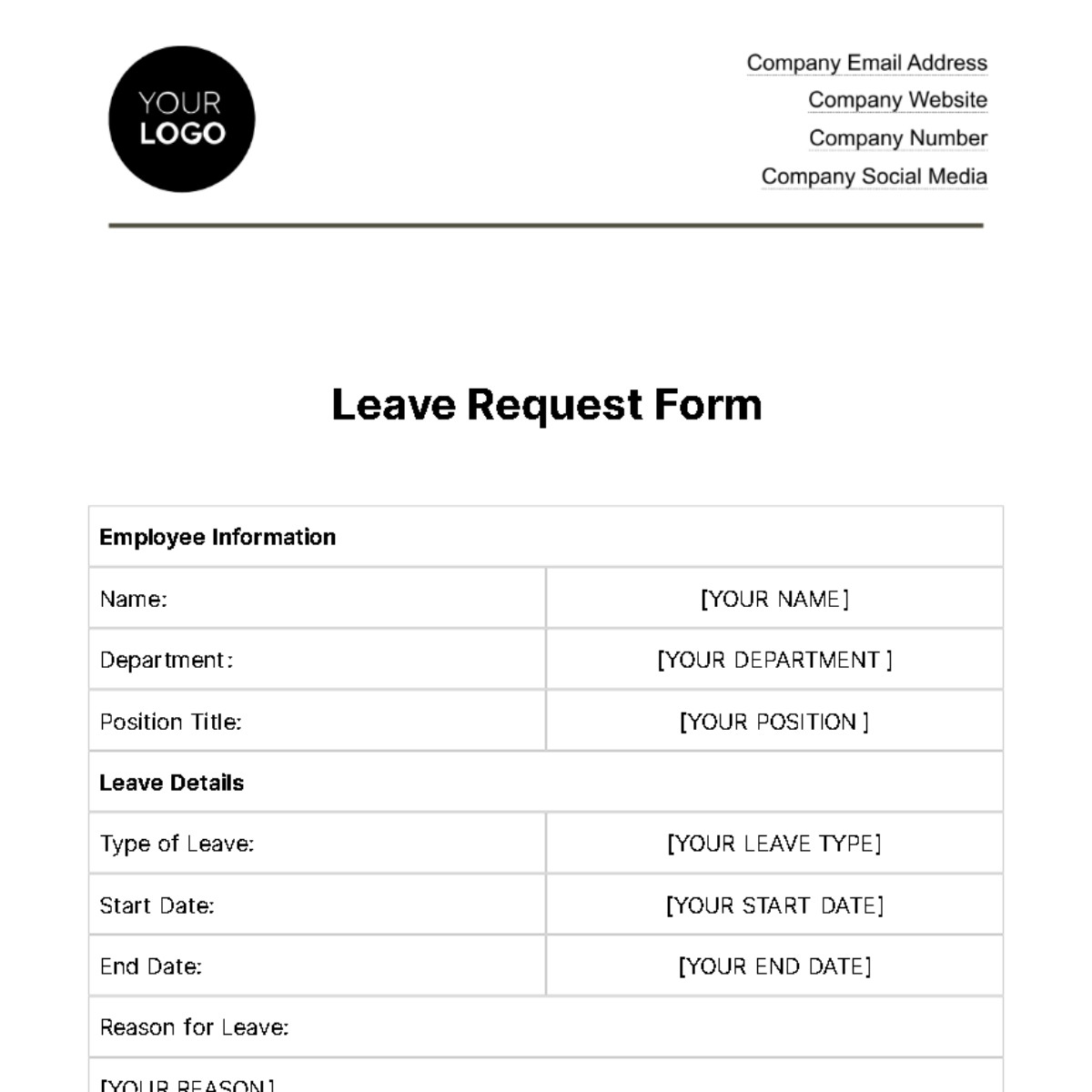 Leave Request Form HR Template