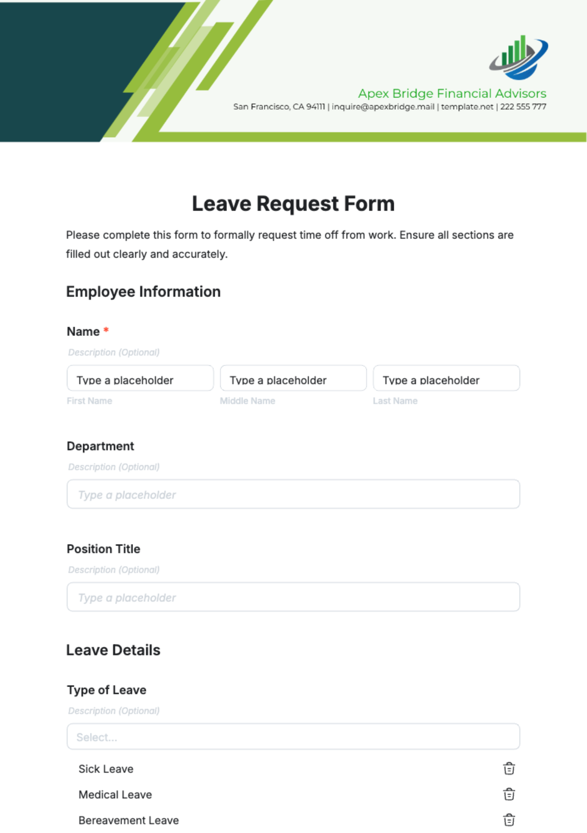 Free Leave Request Form HR Template