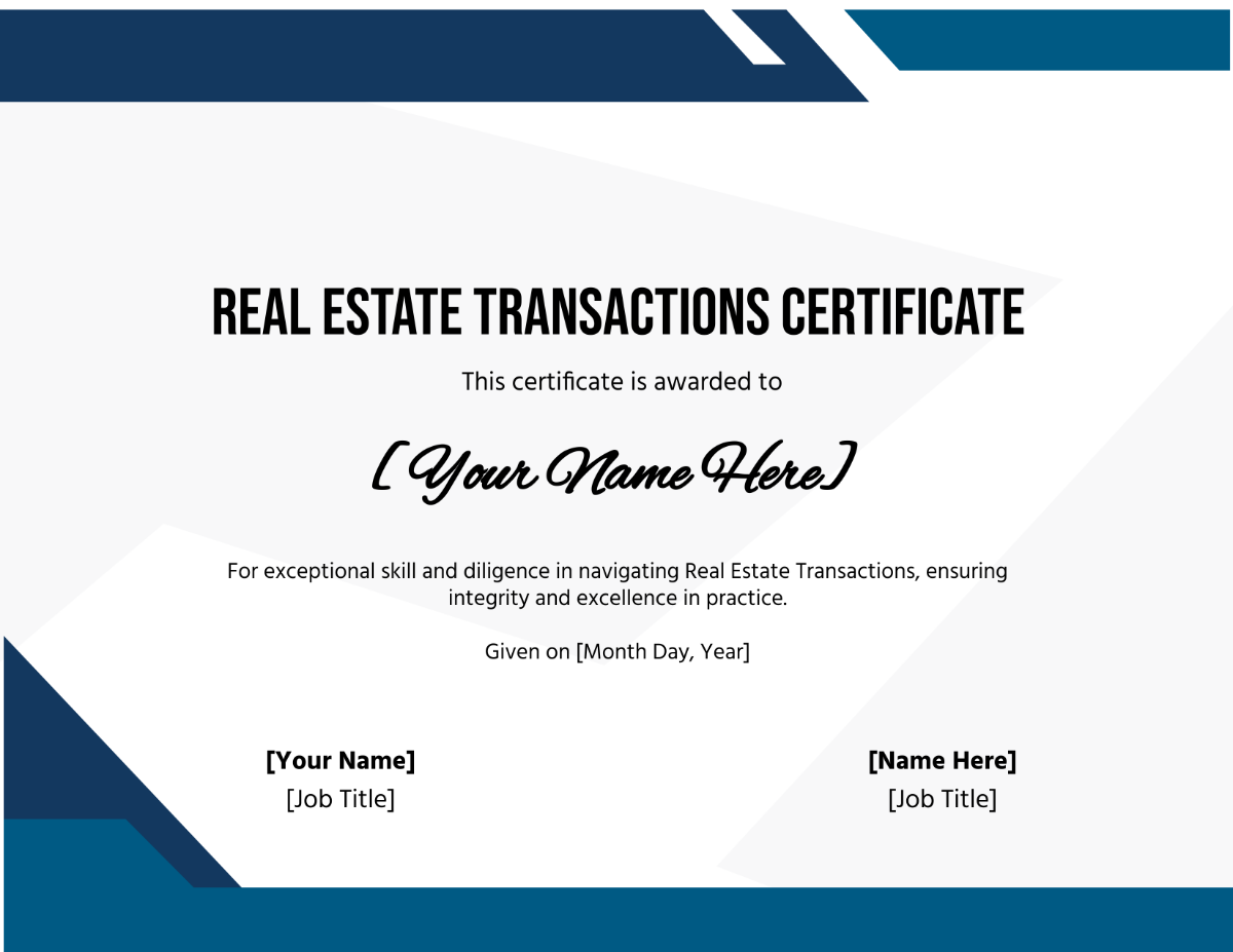 Real Estate Transactions Certificate Template
