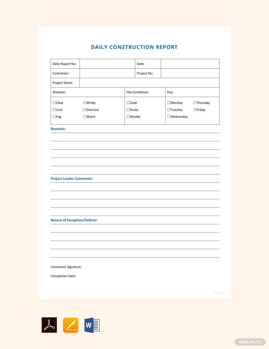 Daily Construction Report Sample Template in Pages, PDF, Word, Google Docs - Download | Template.net