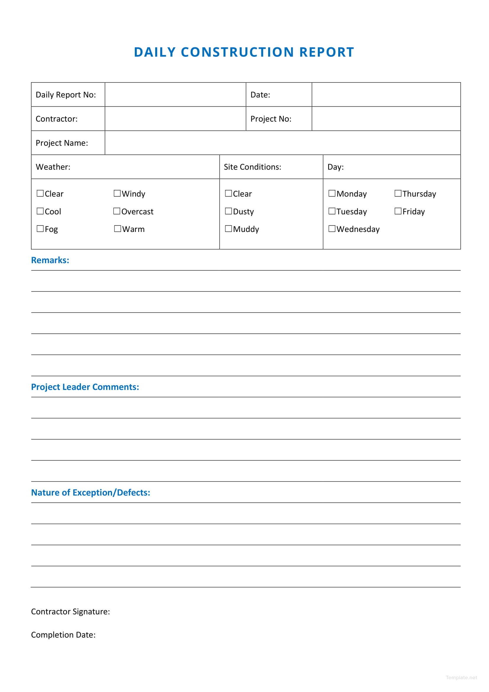 Daily Construction Report Sample Template In Microsoft Word, PDF