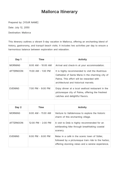 Free Mallorca Itinerary Template to Edit Online