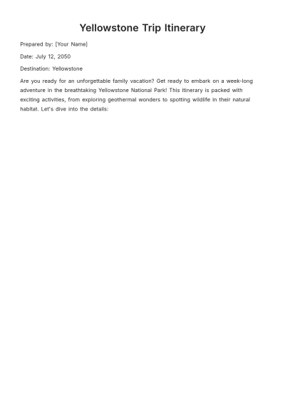 Free Yellowstone Trip Itinerary Template to Edit Online