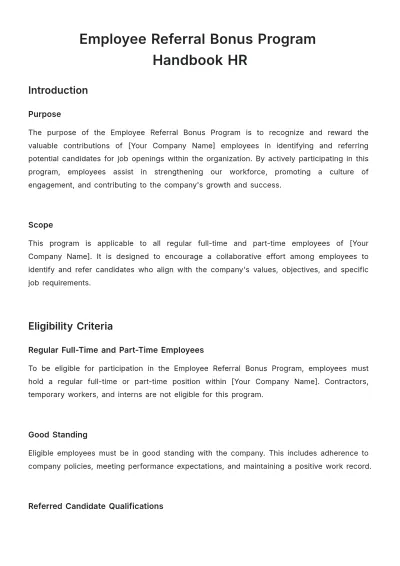 Free Employee Referral Bonus Program Handbook HR Template to Edit Online
