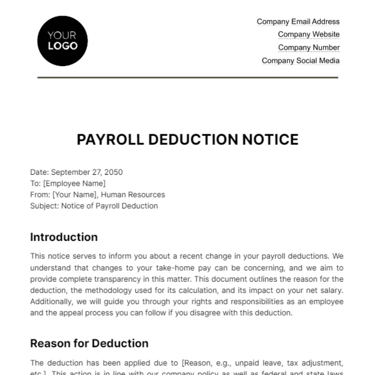 Free Payroll Deduction Notice HR Template