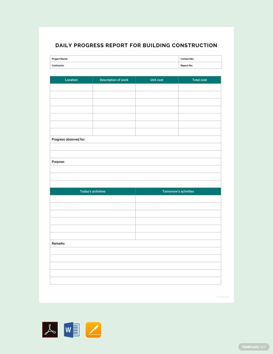 Daily Progress Report for Building Construction Template in Word, Google Docs, PDF, Apple Pages
