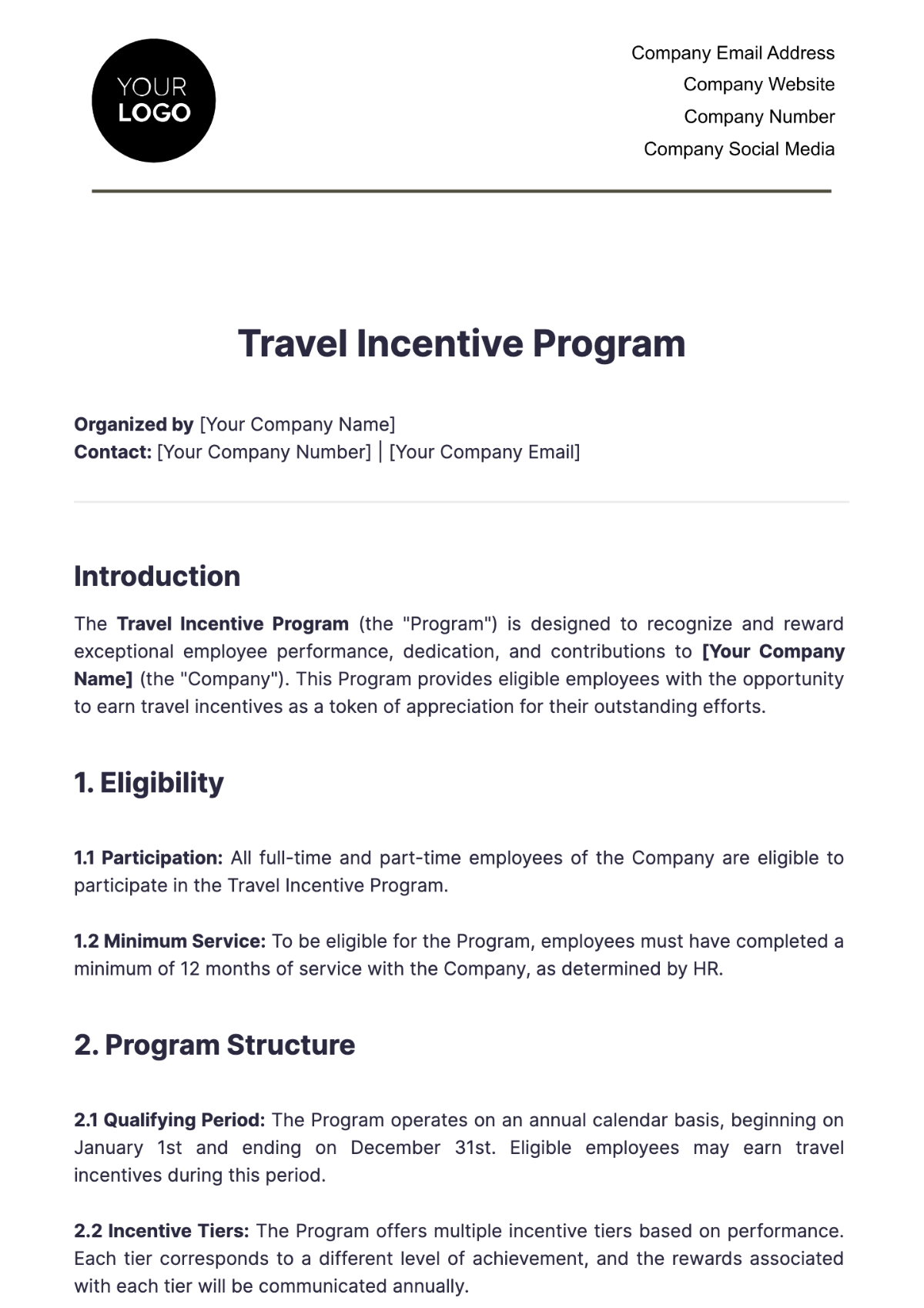 Travel Incentive Program Document HR Template - Edit Online & Download