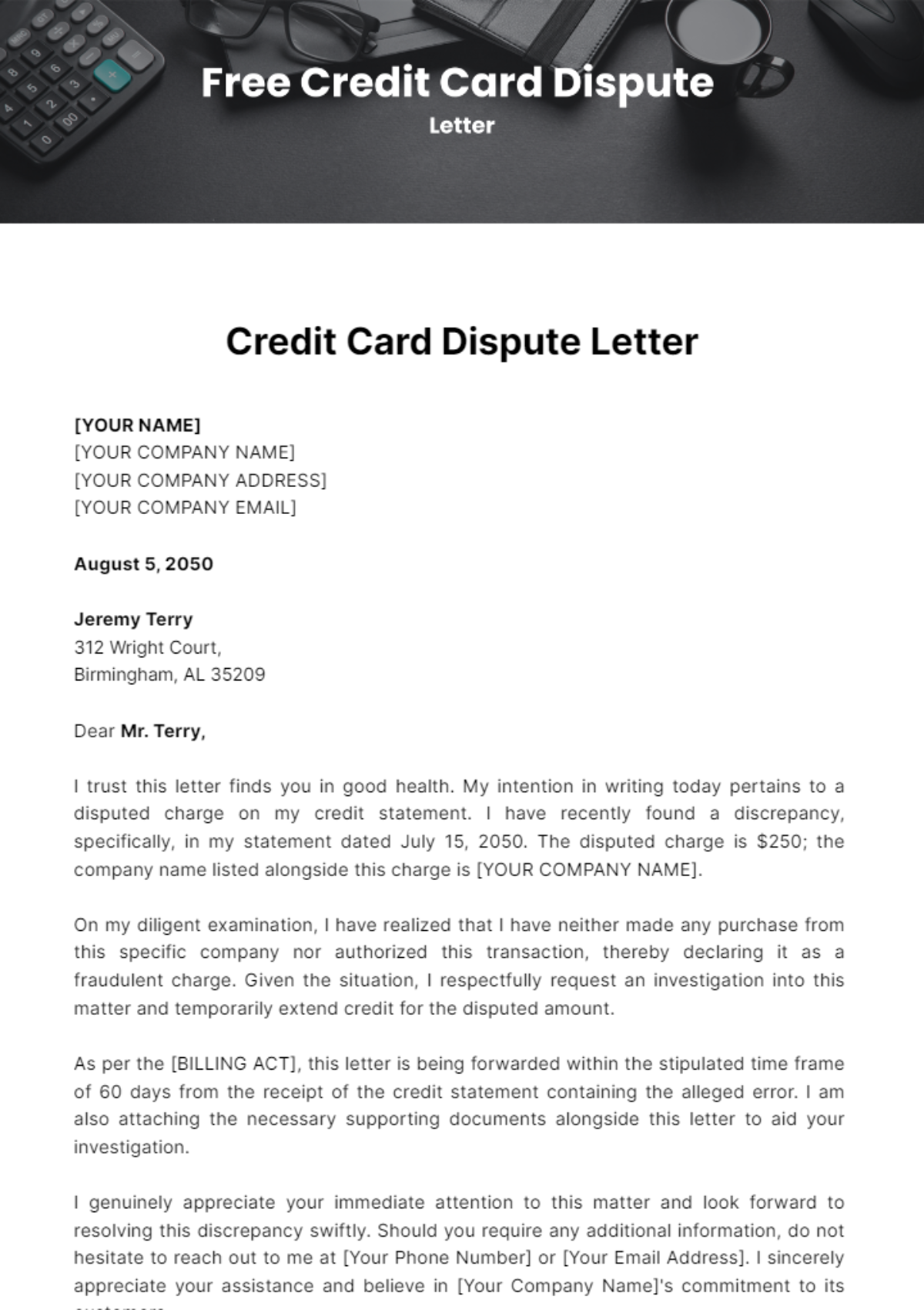 Credit Card Dispute Letter Template