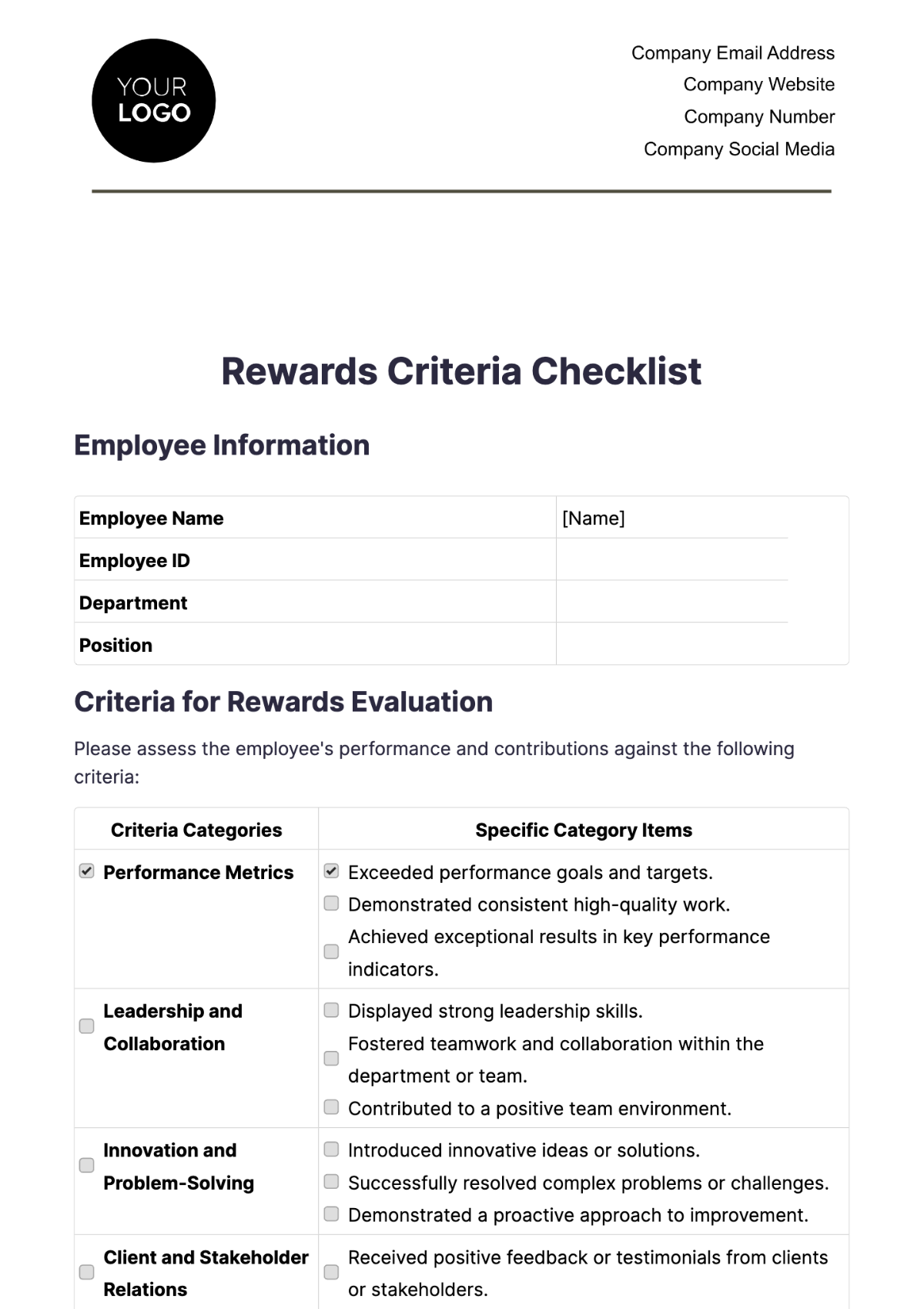 Rewards Criteria Checklist HR Template - Edit Online & Download