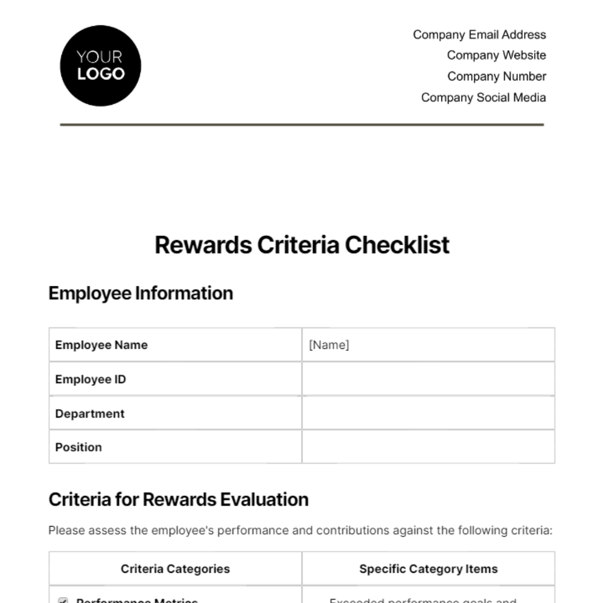 Rewards Criteria Checklist HR Template