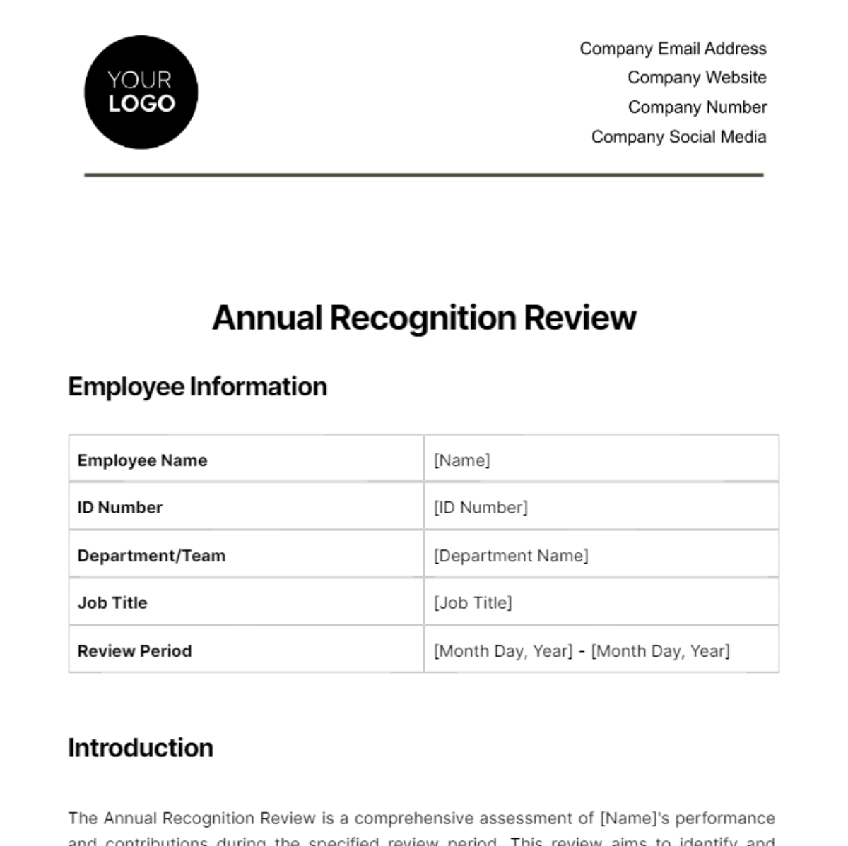 Annual Recognition Review HR Template