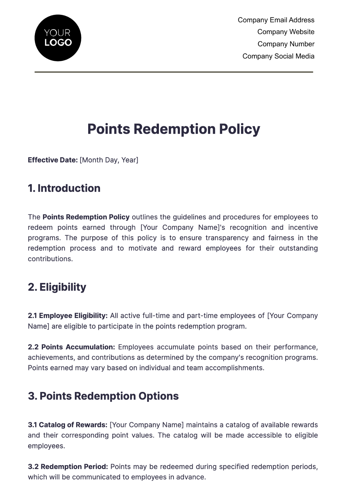 Points Redemption Policy HR Template - Edit Online & Download