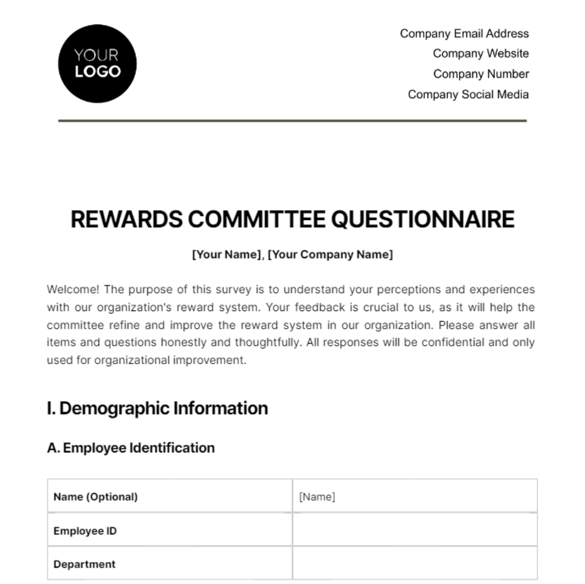 Rewards Committee Questionnaire HR Template