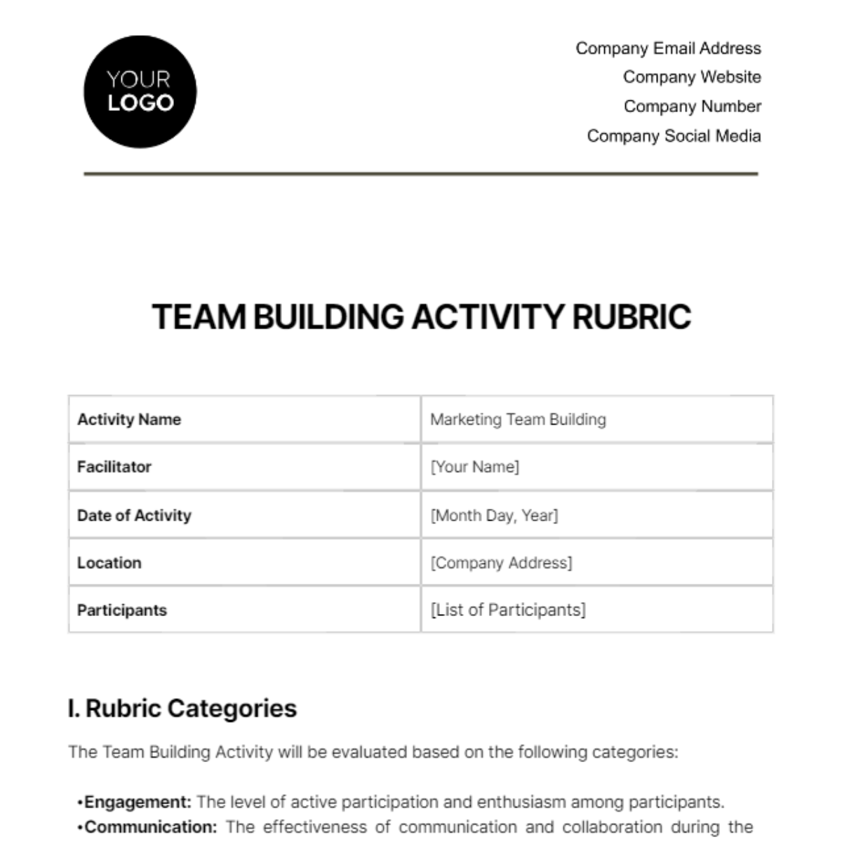 Team Building Activity Rubric HR Template