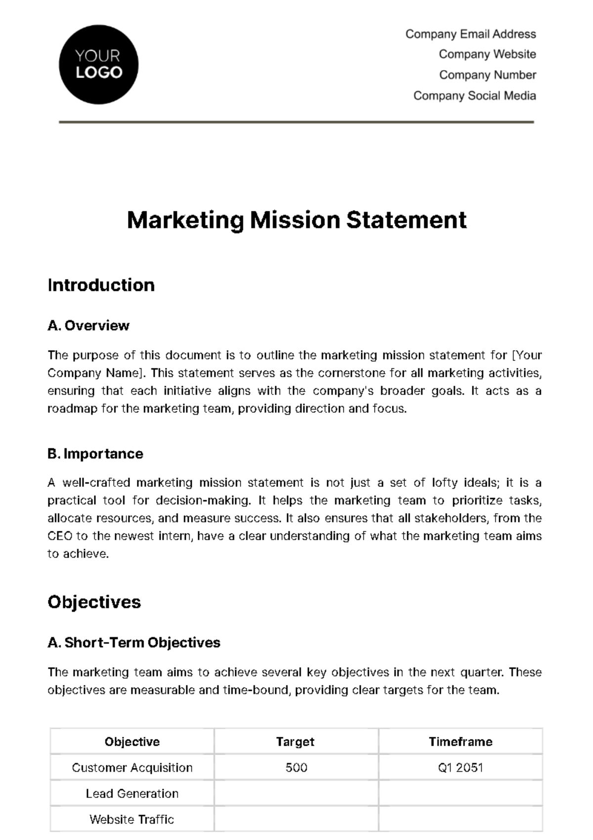 Marketing Mission Statement Template