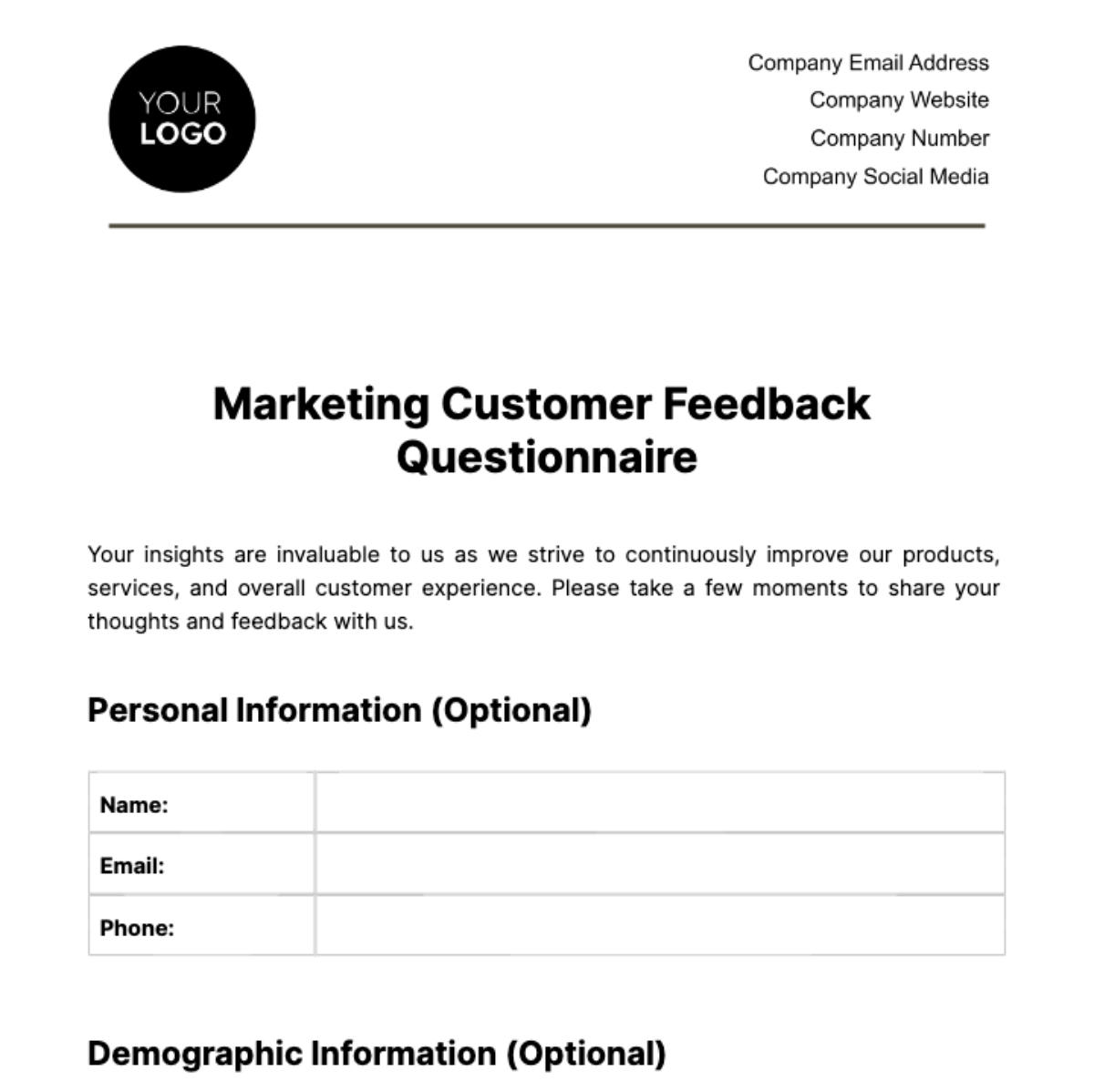 Marketing Customer Feedback Questionnaire Template