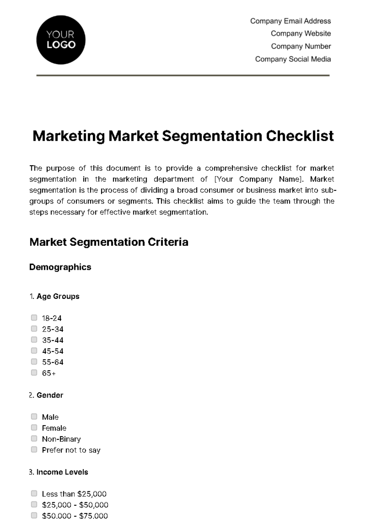 Marketing Market Segmentation Checklist Template