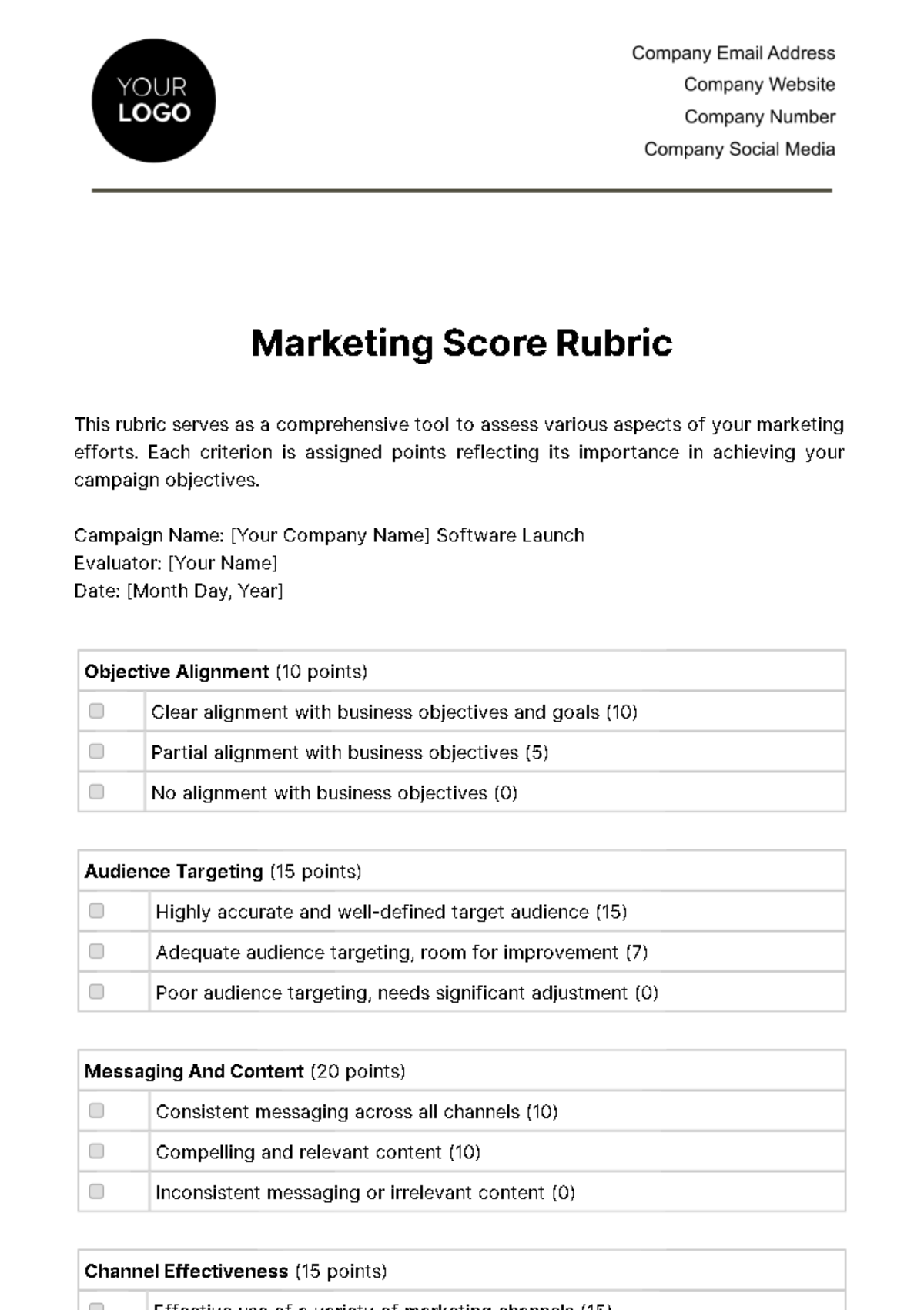 Marketing Score Rubric Template