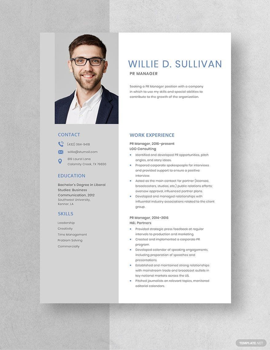 PR Manager Resume in Word, Apple Pages