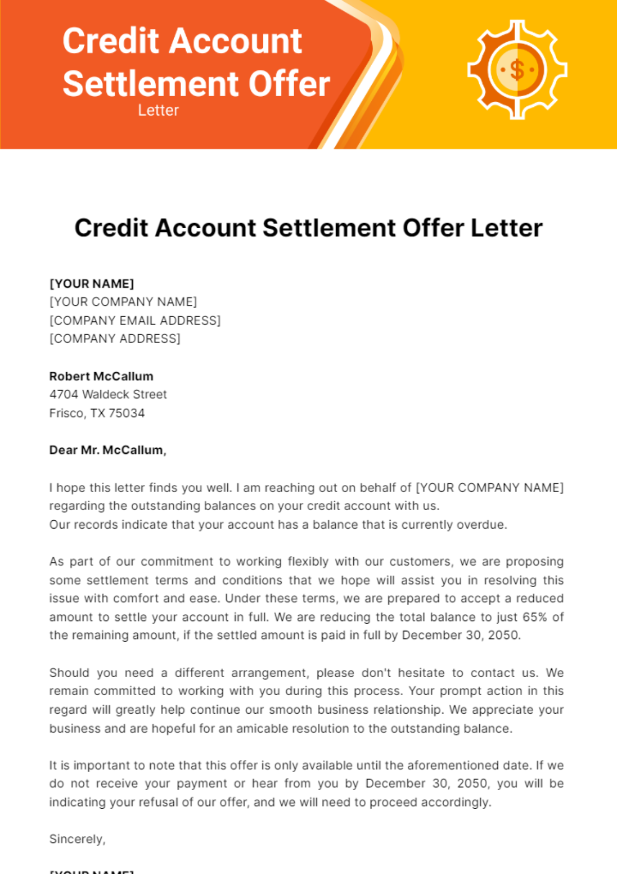 Credit Account Settlement Offer Letter Template