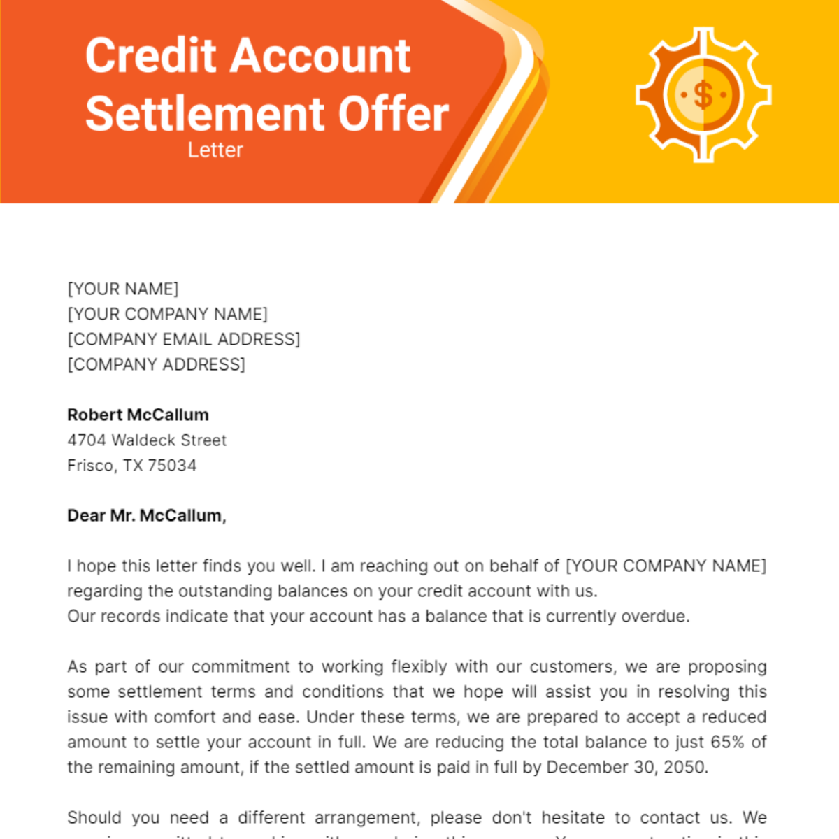 Credit Account Settlement Offer Letter Template - Edit Online & Download