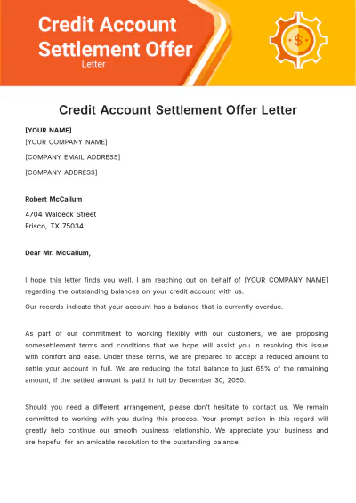 Free Credit Account Settlement Offer Letter Template to Edit Online