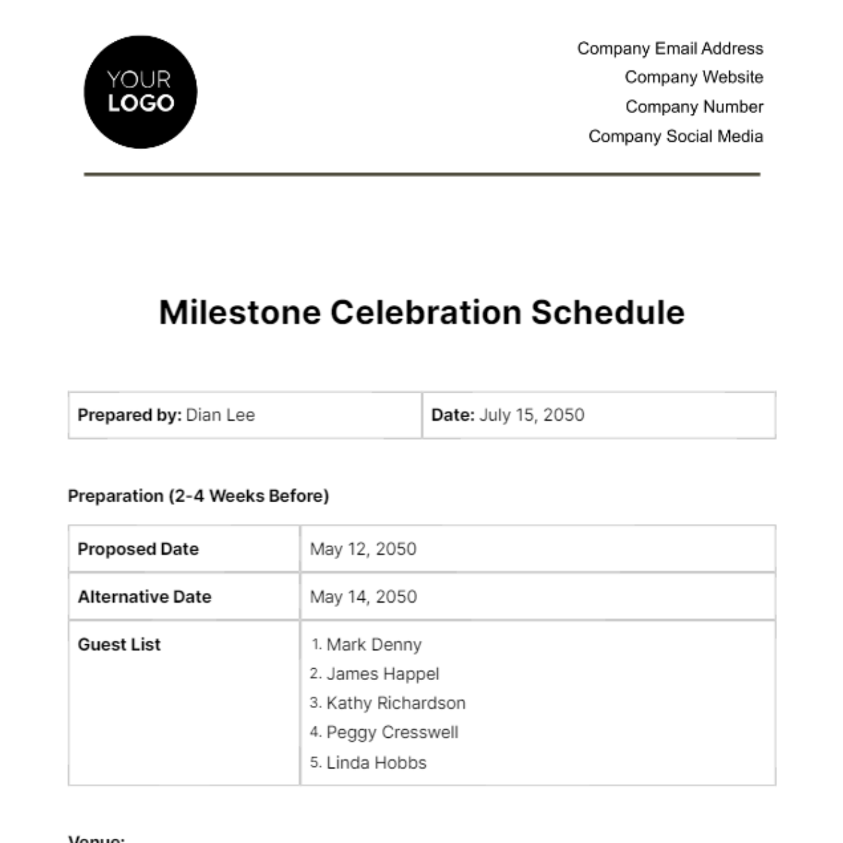 Milestone Celebration Schedule HR Template