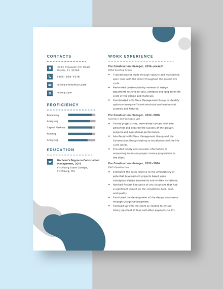 Pre Construction Manager Resume Template