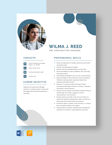 Pre Construction Manager Resume