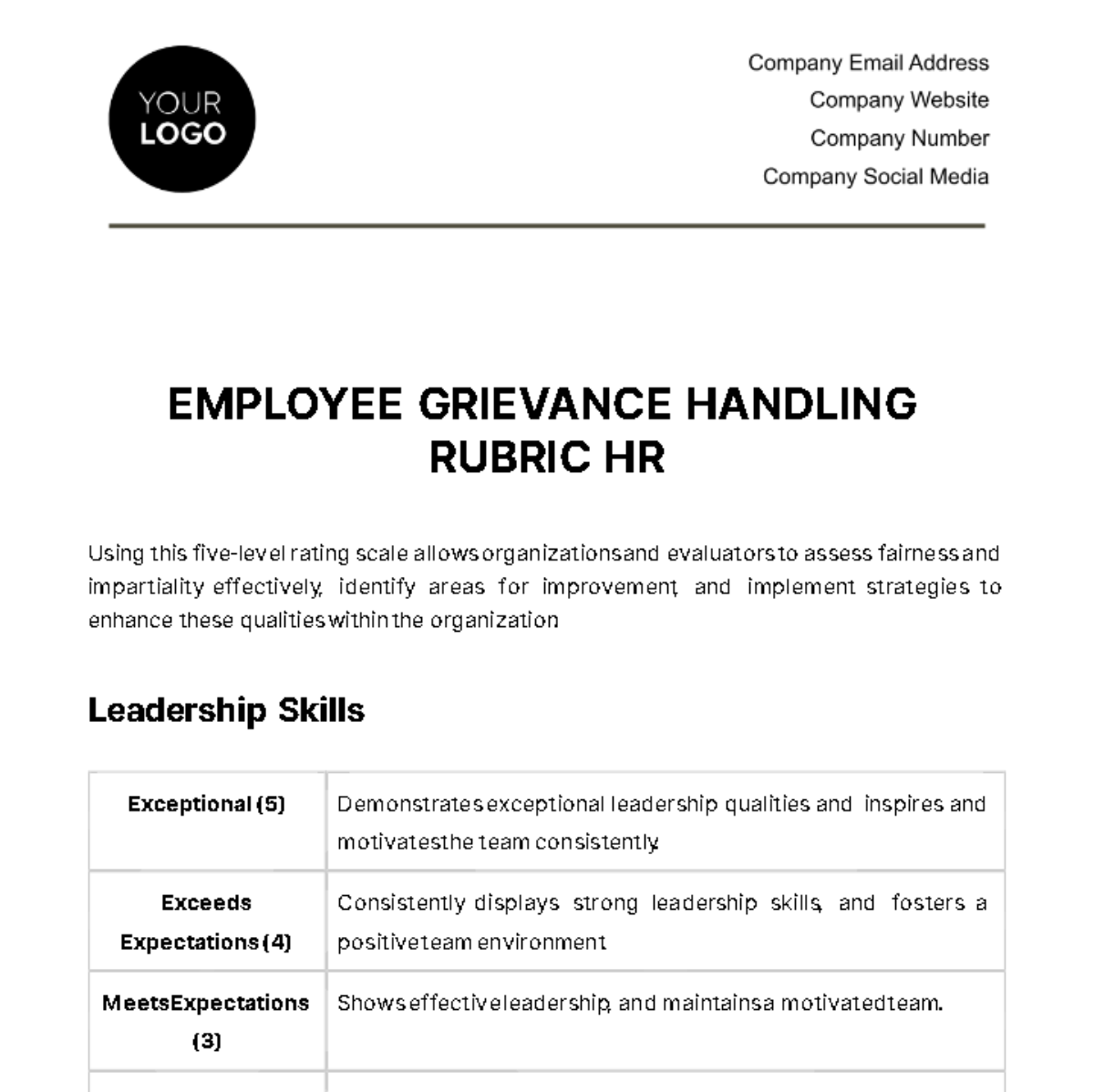 Employee Grievance Handling Rubric HR Template