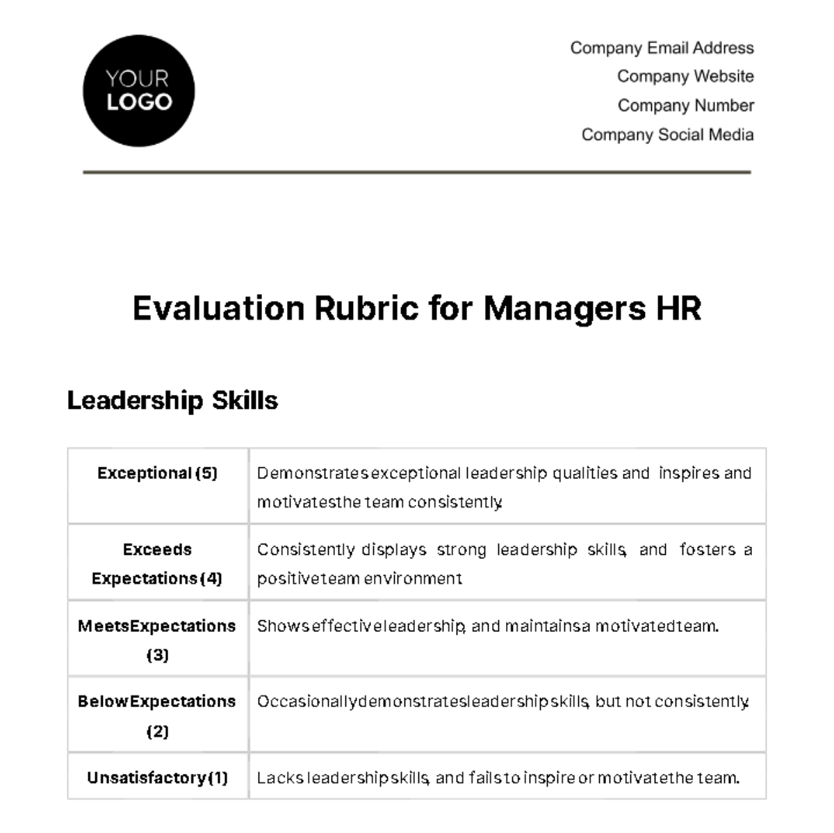 Free Evaluation Rubric for Managers HR Template