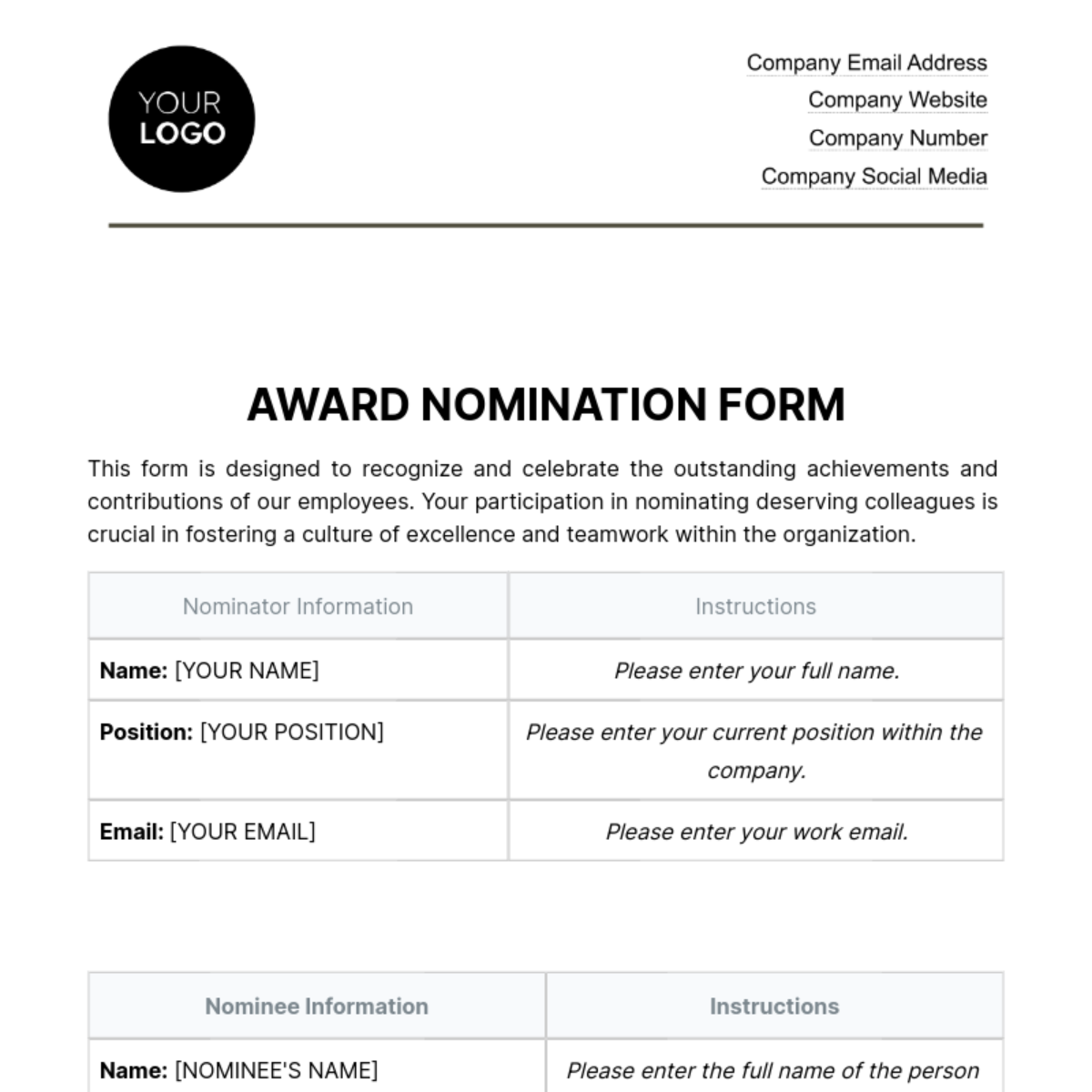 Free Award Nomination Form HR Template