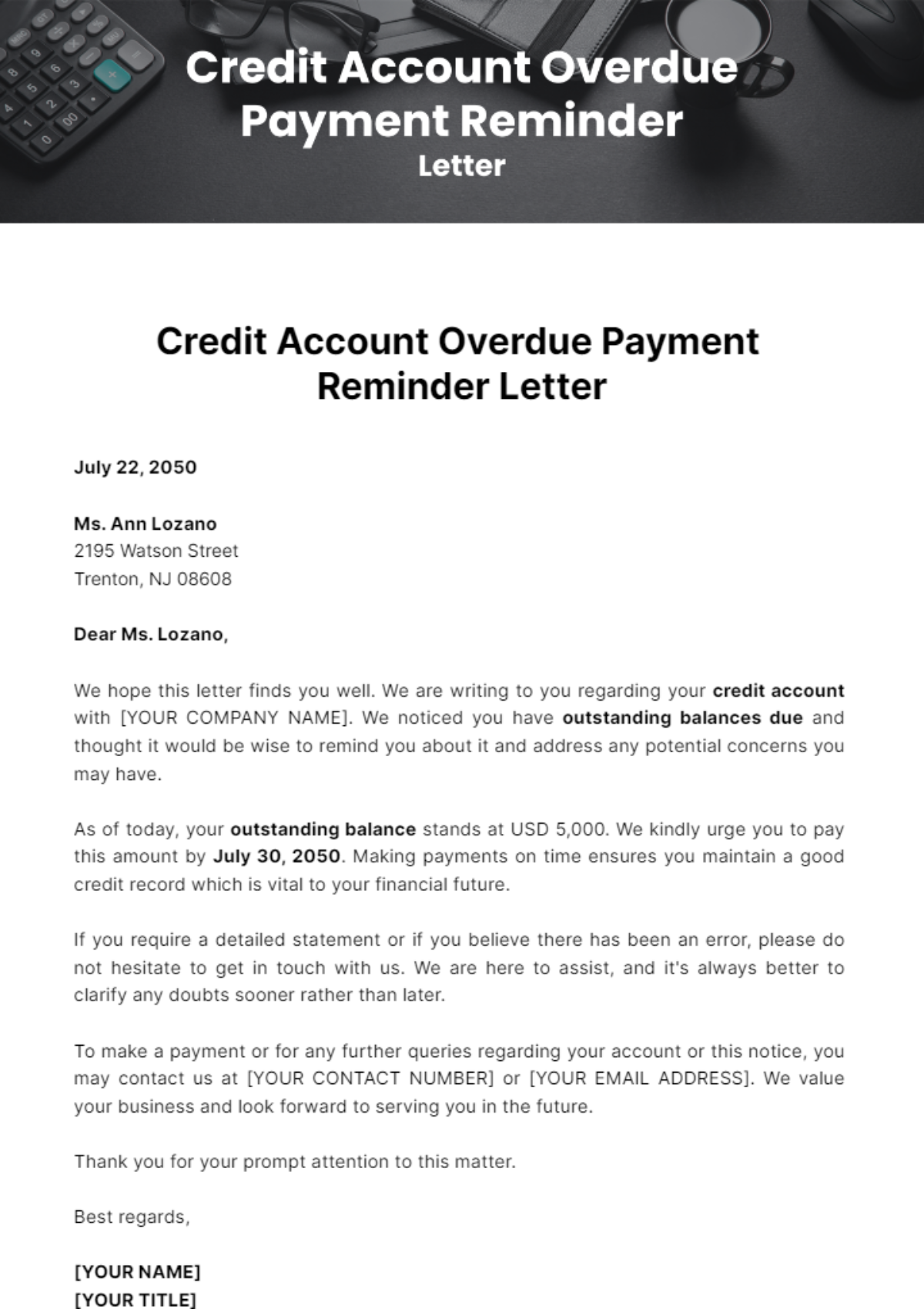 Free Credit Account Overdue Payment Reminder Letter Template