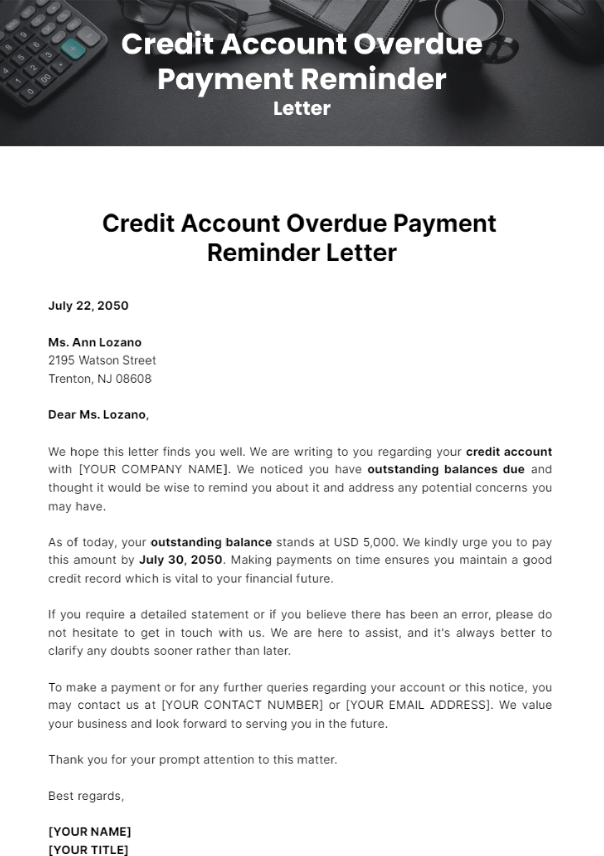 Credit Account Overdue Payment Reminder Letter Template