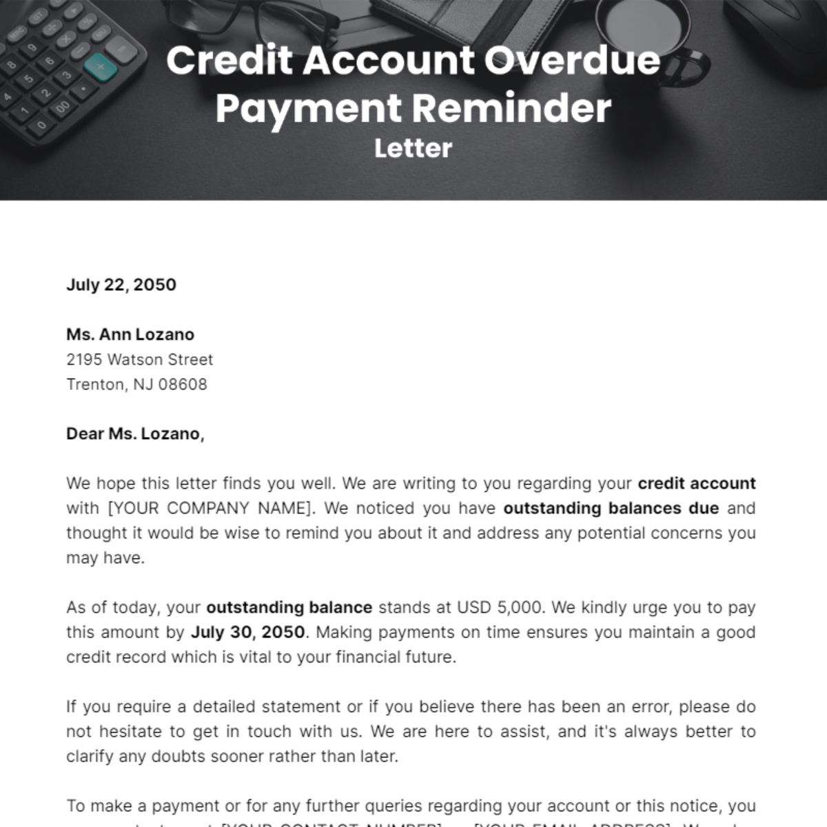 Credit Account Overdue Payment Reminder Letter Template - Edit Online & Download