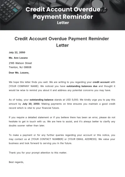 Free Credit Account Overdue Payment Reminder Letter Template to Edit Online