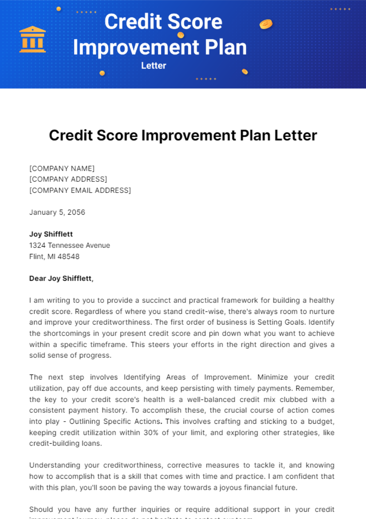 Credit Score Improvement Plan Letter Template