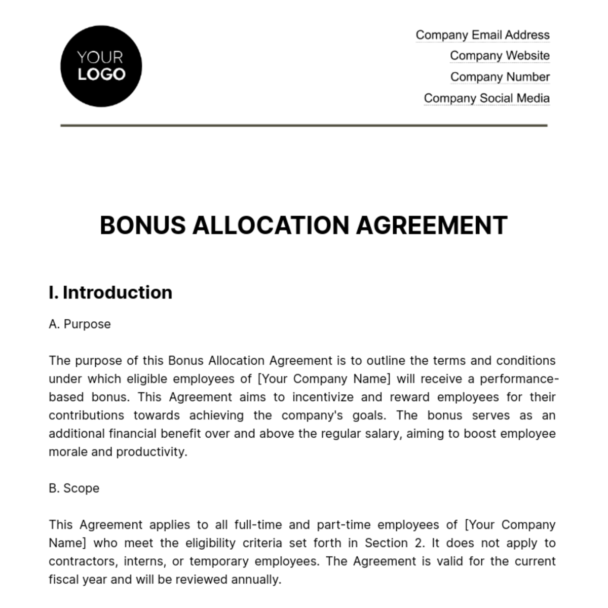 Bonus Allocation Agreement HR Template