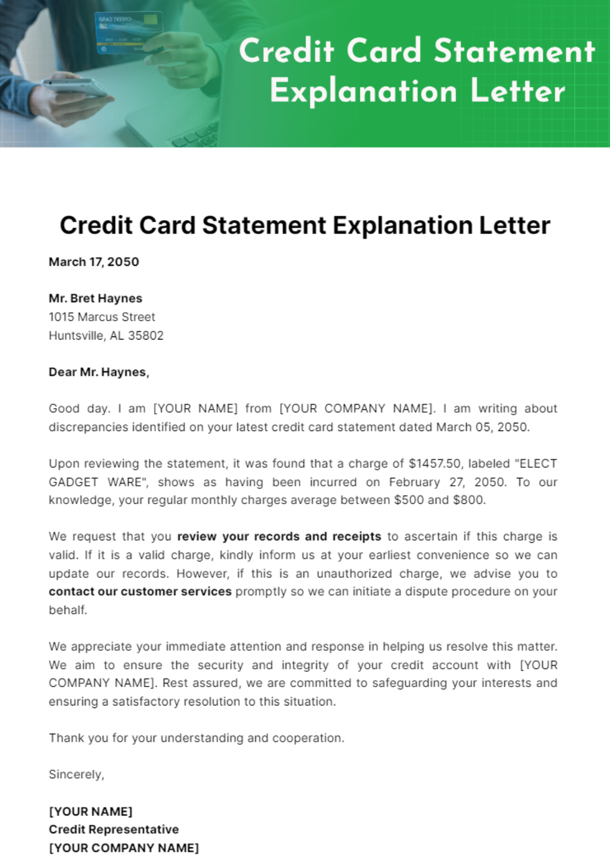 Credit Card Statement Explanation Letter Template