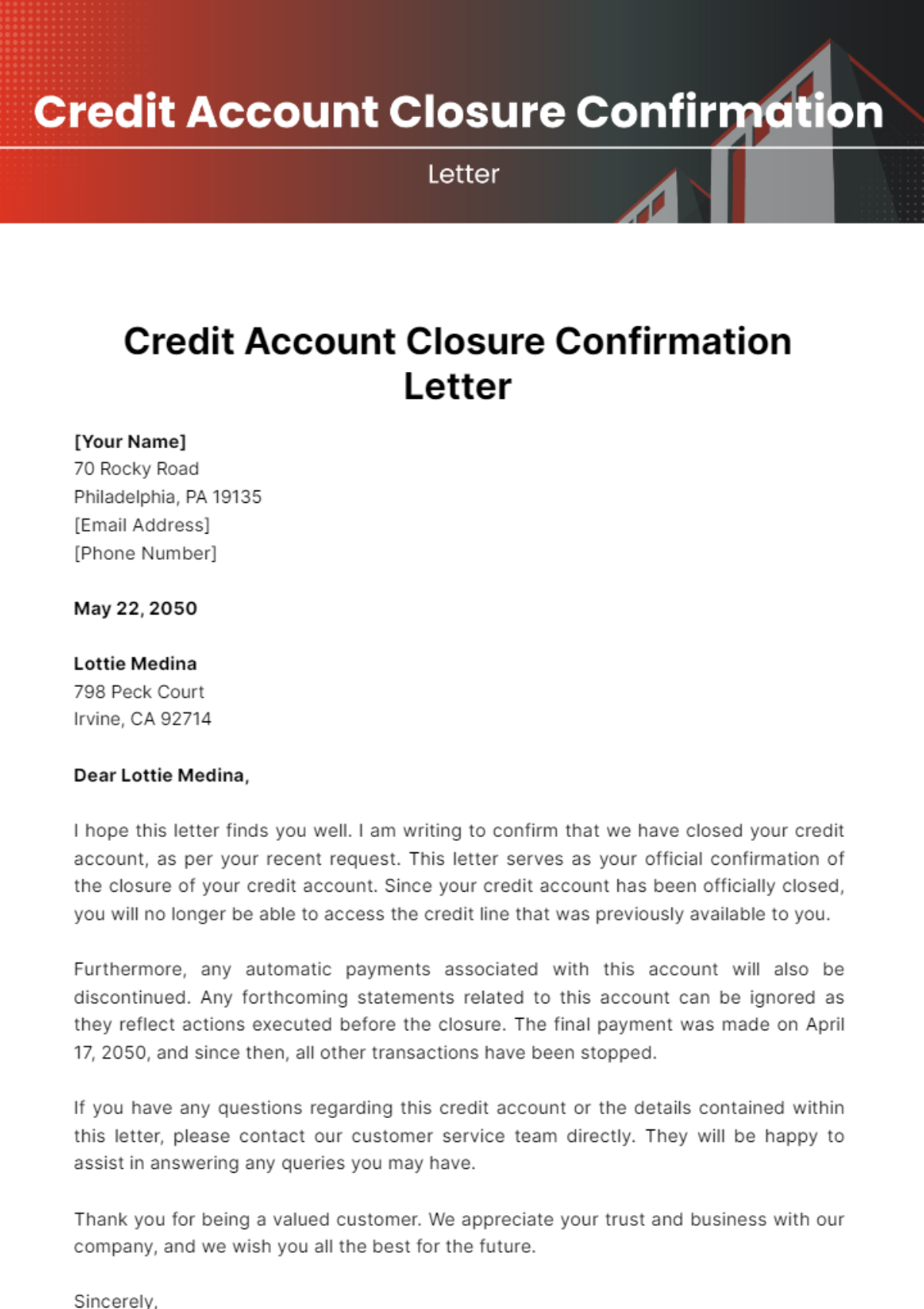 Credit Account Closure Confirmation Letter Template