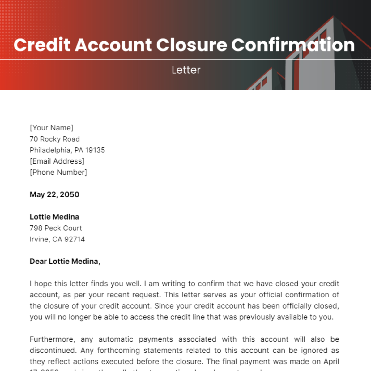 Credit Account Closure Confirmation Letter Template - Edit Online & Download