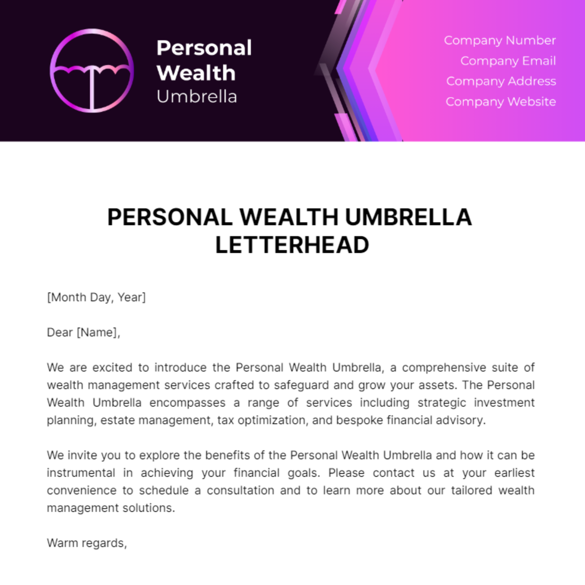 Free Personal Wealth Umbrella Letterhead Template