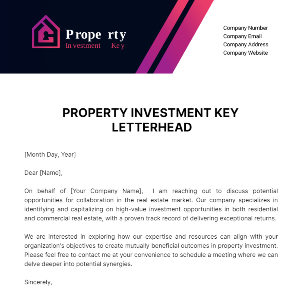 Free Property Investment Key Letterhead Template