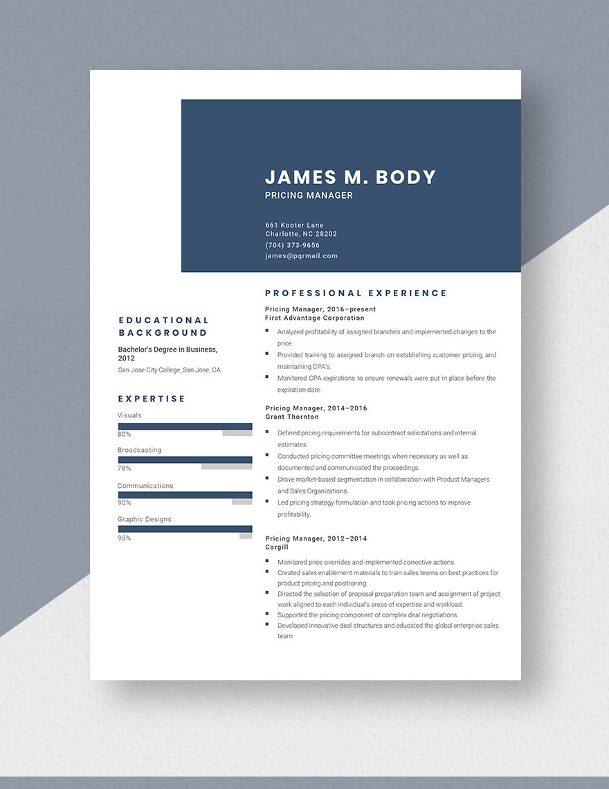 Pricing Manager Resume